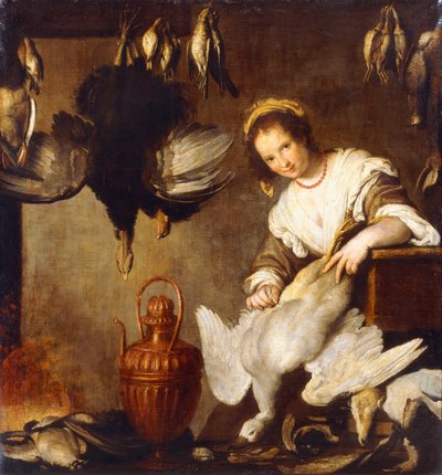 La Cuoca - A Kitchen Maid Plucking a Goose in an Interior by Bernardo Strozzi
