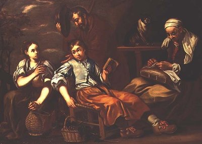 An old woman embroidering, a boy reading and a girl offering an old man a drink outside a cottage by Bernardt Keil or Keyl