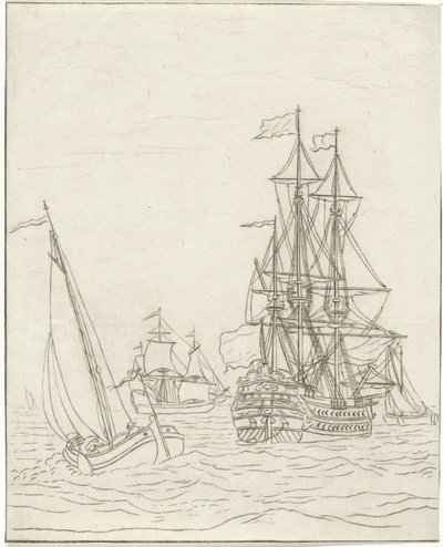 Warship and Three Sailing Ships on the Open Sea by Bernhard Schreuder
