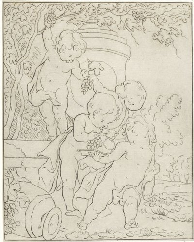 Four Putti Picking Grapes by a Vase by Bernhard Schreuder