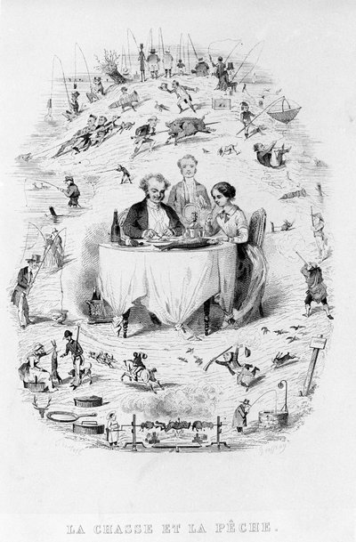 Hunting and Fishing: A couple at the restaurant in front of a dish of fish and meat, with various hunting and fishing methods depicted. From 