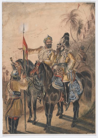 Two mounted officers and a dismounted sowar, 4th Bengal Irregular Cavalry, c.1850 by Bethune Donald Grant