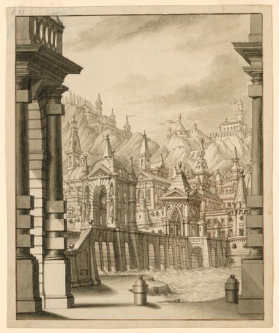 Stage Design, Town on Hill with Turreted Buildings by Bibiena Family, 1657