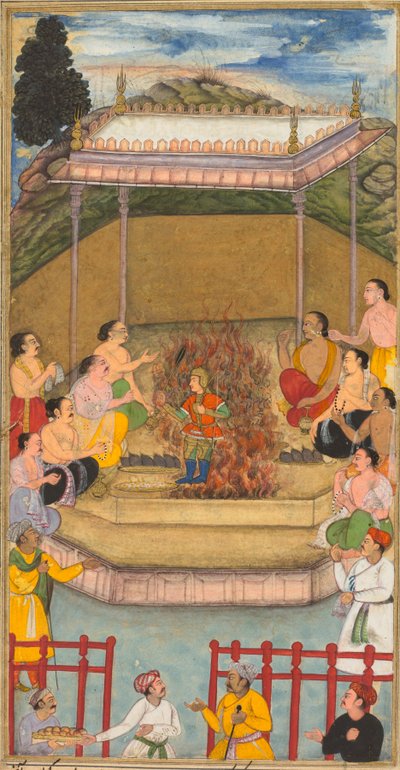 Yaja and Upayaja perform a sacrifice for the emergence of Dhrishtadyumna from the fire, 1598 by Bilal Habshi