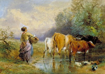 A Girl Driving Cattle Across a Stream by Birket Foster