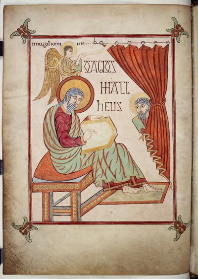 Cotton Nero D. IV, f.25v St. Matthew, Writing, with His Symbol, from the Lindisfarne Gospels, 710-721 by Bishop of Lindisfarne Eadfrith