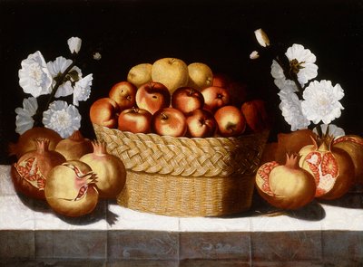 Apples in a Wicker Basket, Pomegranates and Hollyhocks on a Draped Ledge by Blas de Ledesma