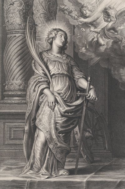 Saint Catherine Holding Palm Leaves and a Sword, Two Putti Overhead Holding a Laurel by Boetius Adams Bolswert