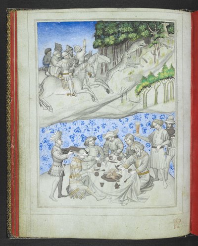Recreation in Cyprus with, above, a deer hunt using leopards and, below, a feast, from the 