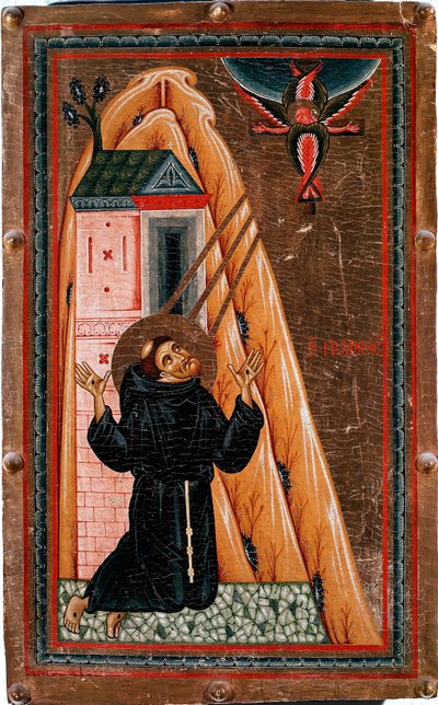Life of Saint Francis of Assisi: Saint Francis receiving stigmas, Jesus Christ crucified appears to him as a seraphim by Bonaventura Berlinghieri
