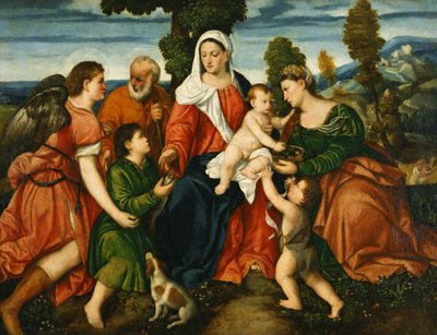 The Holy Family with Tobias and the Angel, Saint Dorothy, Giovannino, and the Miracle of the Corn Beyond by Bonifazio Veronese