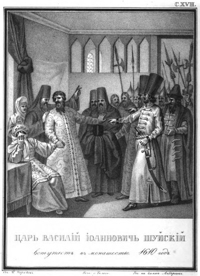 Monastic consecration of Tsar Vasili Ivanovich Shuisky, 1610, From Illustrated Karamzin, 1836 by Boris Artemyevich Chorikov