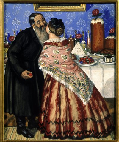 The Paschal greeting (a couple kissing near the table set for Easter) - Painting by Boris Michaylovich Kustodiev (1878-1927), tempera on cardboard by Boris Mikhailovich Kustodiev