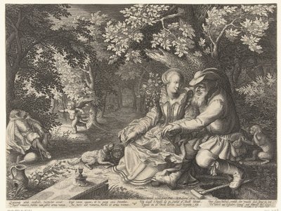Death and Cupid Shoot Arrows at Each Other and Old Man Courts Young Woman by Boëtius Adamsz. Bolswert