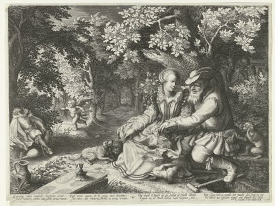 Death and Cupid Shooting Arrows at Each Other and Old Man Courting Young Woman by Boëtius Adamsz. Bolswert