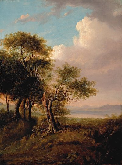 Landscape, Trees in the Foreground, Lake and Hills in the Distance by British School