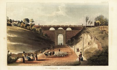 View of drovers driving cattle and sheep to Smithfield Market under the archway at Highgate Hill by British School