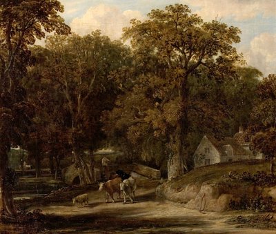 Woodland Scene with Bridge and Cattle by British School