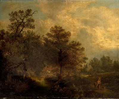Woodland Scene with Stream and Cottages by British School