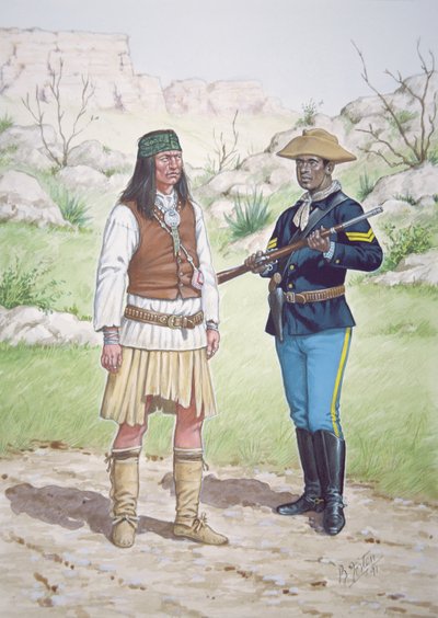 A Chiricahua Apache Warrior and a Corporal of 10th Regiment of US Cavalry in 1886, from a set of six tableaux by Bryan Fosten