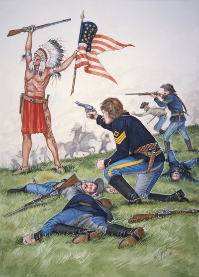 A Sioux warrior versus the 7th Regiment of US Cavalry in the Battle of the Little Bighorn, 25th June 1876, from a set of six tableaux by Bryan Fosten