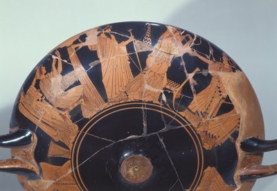 Attic red-figure cup depicting the return of Paris to Priam surrounded by Cassandra, Polyxena, Hecuba and Aphrodite, from Vulci, c.495 BC (detail) by Brygos Painter