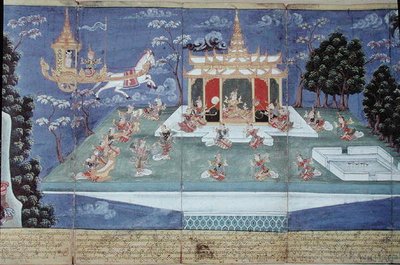 King Nimi in his divine chariot sent by Indra and led by the angel Matali, visits the skies and finds women of incomparable beauty, from the Nimi Jataka, 1869 by Burmese School