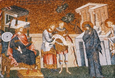 Mary & Joseph before Cyremius enrolling for the taxation, with a guard, a scribe and an officer, c. 14th century (detail) by Byzantine