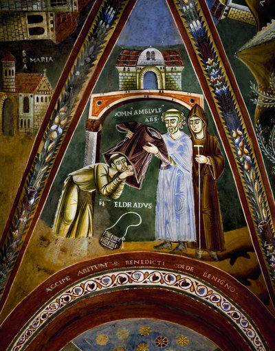 St Nicola, stories of life of St Eldrad and St Nicholas, St Eldrado turned towards St James of Compostela: receiving a monastic habit from Abbot of Novalesa (detail) by Byzantine