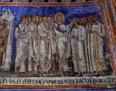 St. Paul laying his hands on newly baptized, Byzantine fresco in transept of Tokali Kilise (Buckle Church), Goreme (12th-13th century) by Byzantine