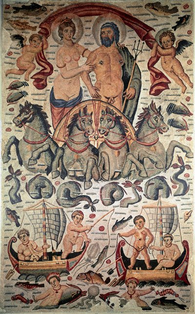Byzantine Art: Triumph of Neptune and Amphitrite. Neptune and Amphitrite Naked on a Chariot Pulled by Four Sea Horses. Mosaic of the 3rd Century by Byzantine Byzantine