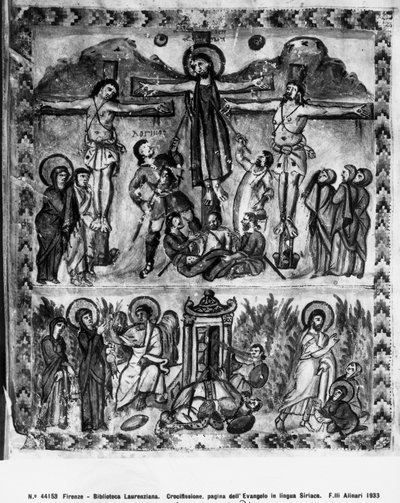 Crucifixion and the Resurrection, from the Rabula Gospels, 586 AD by Byzantine School