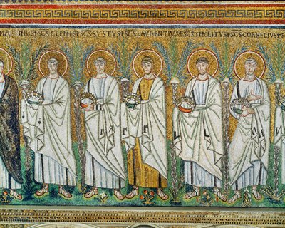 Procession of Martyrs: Saint Clement, Sixtus, Lawrence, Hippolytus, Cornelius, All Carrying Crowns - Symbol of Martyrs by Byzantine School