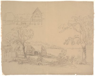 Landscape with farm by a lake. F.o.t.v. a farm by C.A. Lorentzen