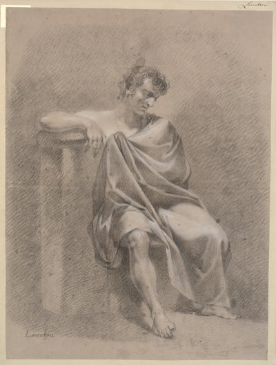 Seated Model in Drapery. Sitting on Low Plinth and Resting Right Arm on High Plinth by C.A. Lorentzen