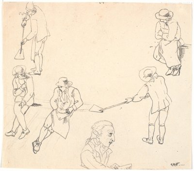 Sketch with Six Male Figures, Two with Shovels, Three Sitting, and a Male Profile by C.D. Fritzsch