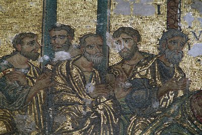 Depiction of the apostles, (detail) from the Doubt of St Thomas mosaic, Church of the Nativity, Bethlehem, Palestine by J.B. and Brown J. Rowbotham