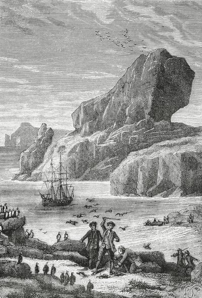 Discovery of Austral France (Kerguelen Islands) by French explorer Yves-Joseph de Kerguelen-Tremarec (1734-1797), February 1772, engraving, Indian Ocean, Territory of French Southern and Antarctic Lands by J.B. and Brown J. Rowbotham