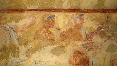 Musicians, fresco, (detail), Tomb of the Blue Demons, Necropolis of Tarquinia, Lazio, Italy. Etruscan civilization, 5th century BC by J.B. and Brown J. Rowbotham