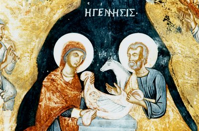 Nativity fresco in Mikro Sotiris monastery, Symi island, Greece by J.B. and Brown J. Rowbotham