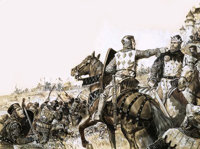 Unidentified battle scene with soldier pointing at King by C.L. Doughty