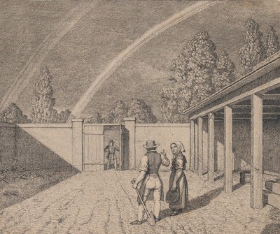 A couple conversing in a stable yard, with a double rainbow overhead, from Linear Perspective, 1841 by Christoffer Wilhelm Eckersberg