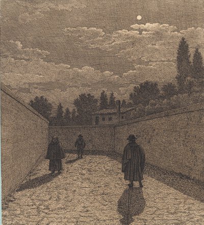 Moonlight over a Road with Three Figures. Illustration for "Linear Perspective", Plate IV by Christoffer Wilhelm Eckersberg