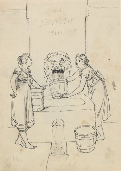 Two Women Fetching Water at a Fountain, Which Spouts Water from a Mask