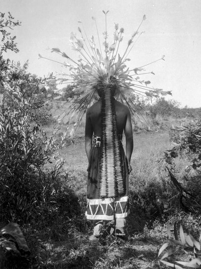 Native American people and tribal roundhouse and ceremonial attire, California by C. Hart Merriam