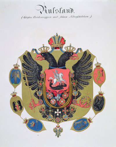 Arms and shield of the state of Imperial Russia, from a collection of watercolours published in Germany by C. Hildebrandt