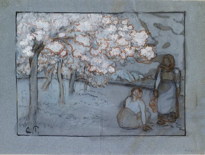 Compositional Study of Two Female Peasants Conversing in an Orchard by Camille Pissarro