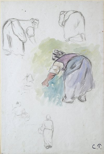 Sheet of studies: four studies of a female peasant bending, and two studies of a woman holding a basin by Camille Pissarro