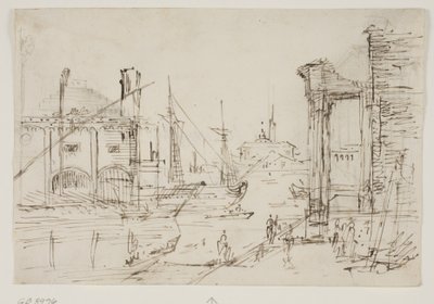 Capriccio with Classical Ruins on a Quay, a Boathouse, Two Galleys, Two Masts of a Sailing Ship Behind Them, a Domed Church in the Background by Canaletto
