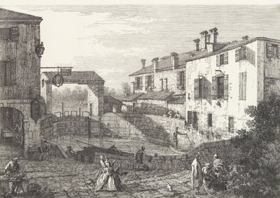 The Locks at Dolo, an Oval-Shaped Basin with Boats at Center, Buildings on Either Side by Canaletto